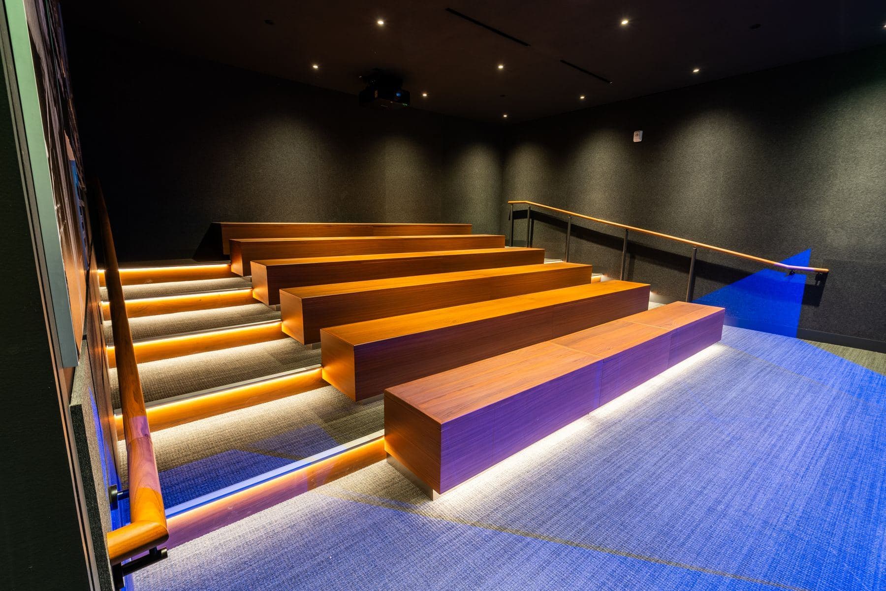 The screening room: tiered walnut bench seating with warm under-lighting, a projector overhead and blue carpet
