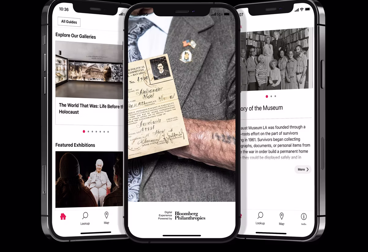 Three phones showing the Holocaust Museum LA guide in the Bloomberg Connects app