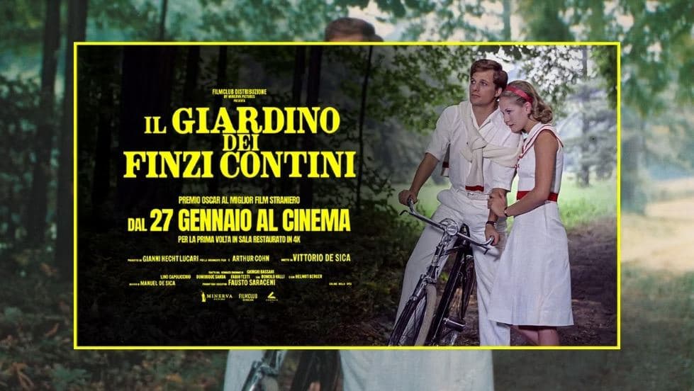 Poster for Il Giardino dei Finzi Contini: a young couple with bicycles in a wooded garden
